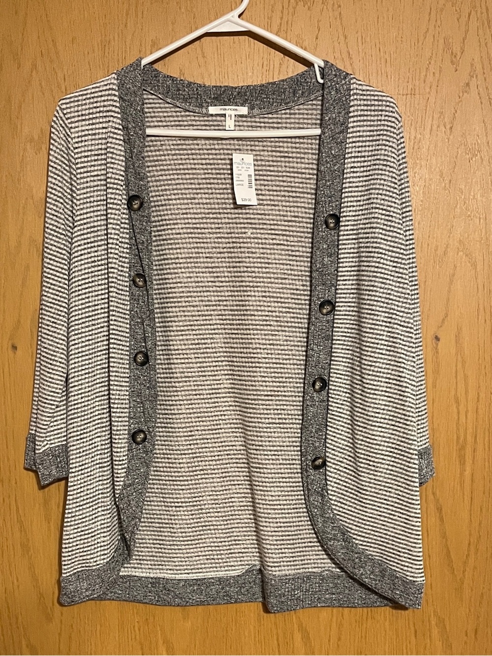 Light Gray Striped Open-Front Button Cardigan Sweater, size large